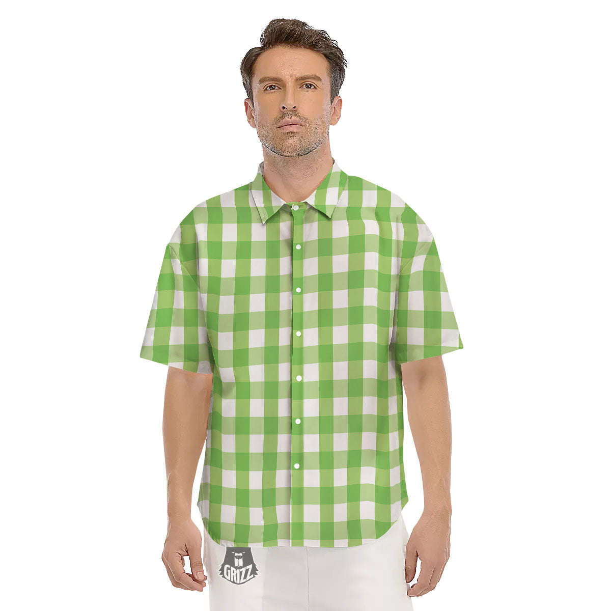 Checkered Green And White Print Pattern Men's Short Sleeve Shirts-grizzshop