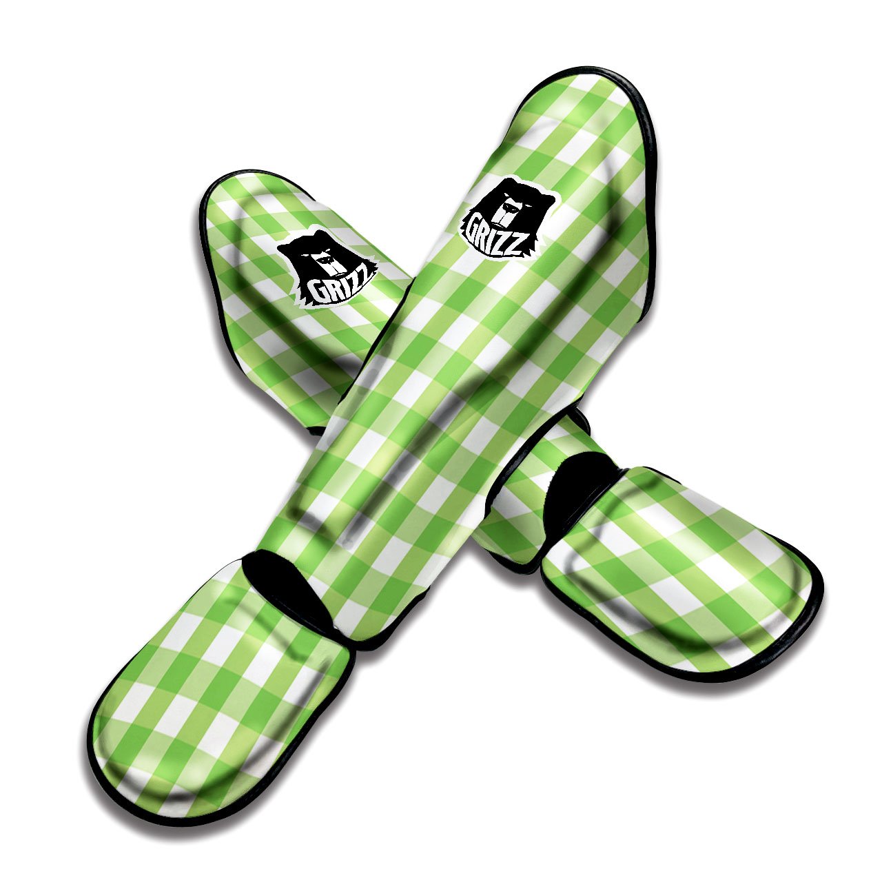 Checkered Green And White Print Pattern Muay Thai Shin Guards-grizzshop