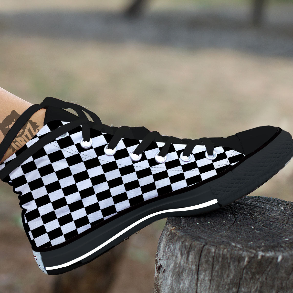 Checkered White And Black Print Pattern Black High Top Shoes-grizzshop