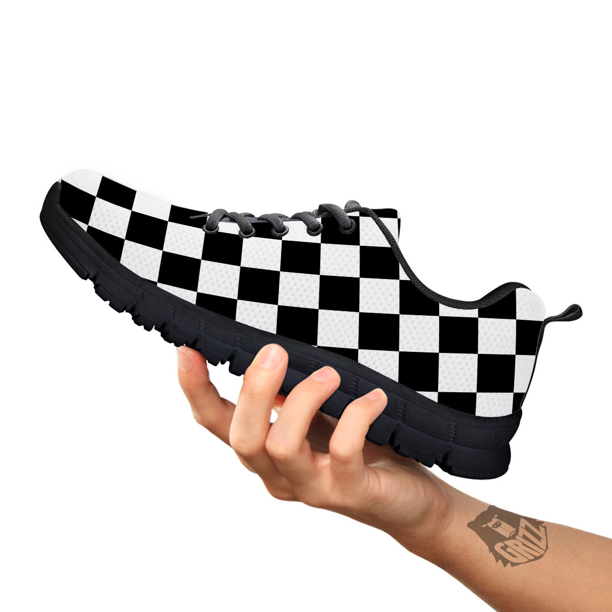 Checkered White And Black Print Pattern Black Sneaker-grizzshop