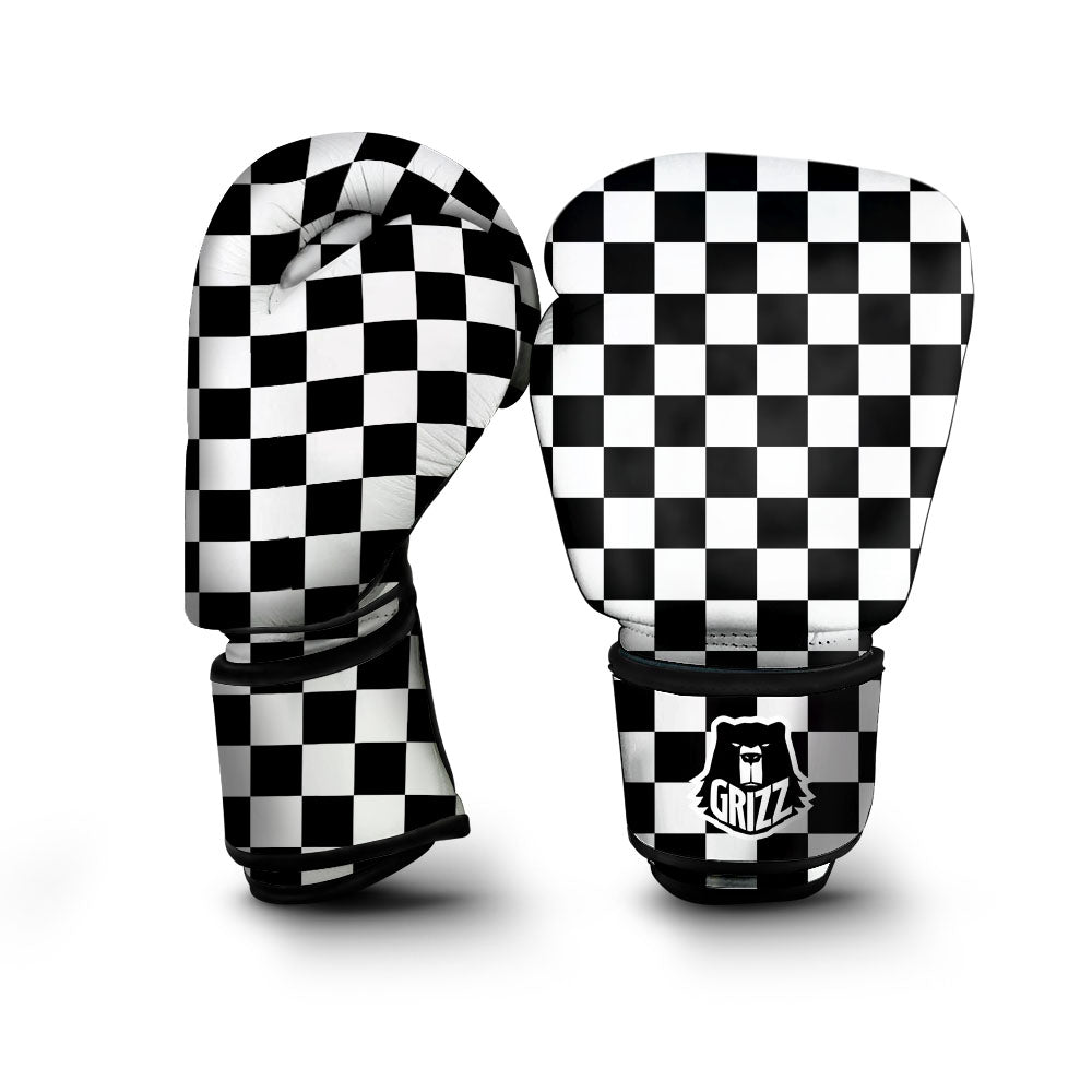 Checkered White And Black Print Pattern Boxing Gloves-grizzshop