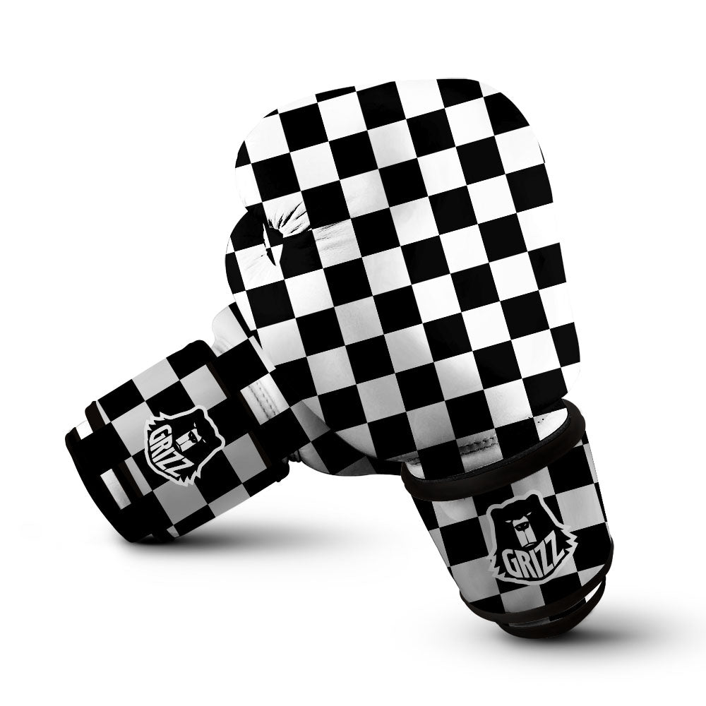 Checkered White And Black Print Pattern Boxing Gloves-grizzshop