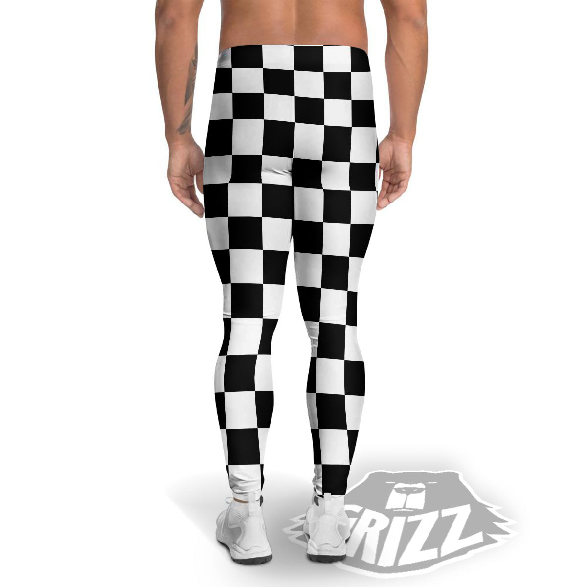 Checkered White And Black Print Pattern Men's Leggings-grizzshop