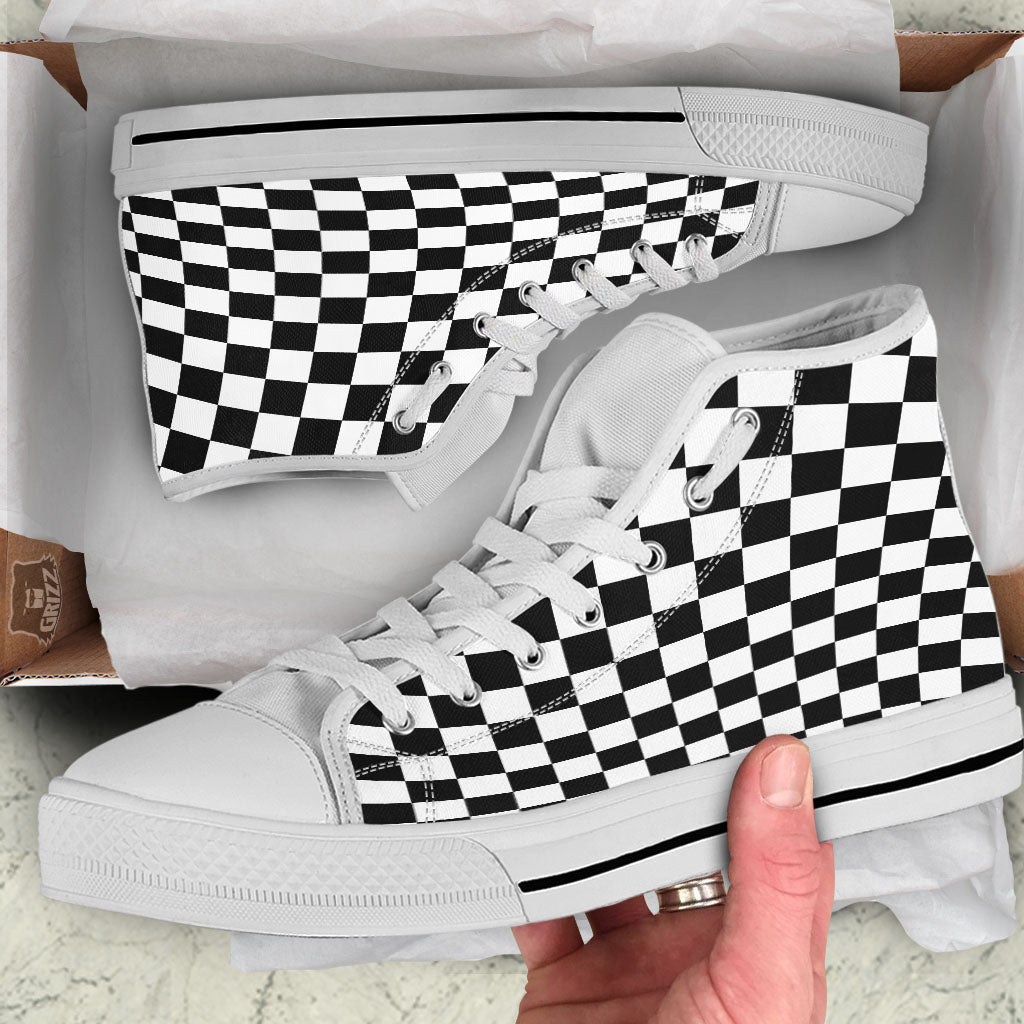 Checkered White And Black Print Pattern White High Top Shoes-grizzshop