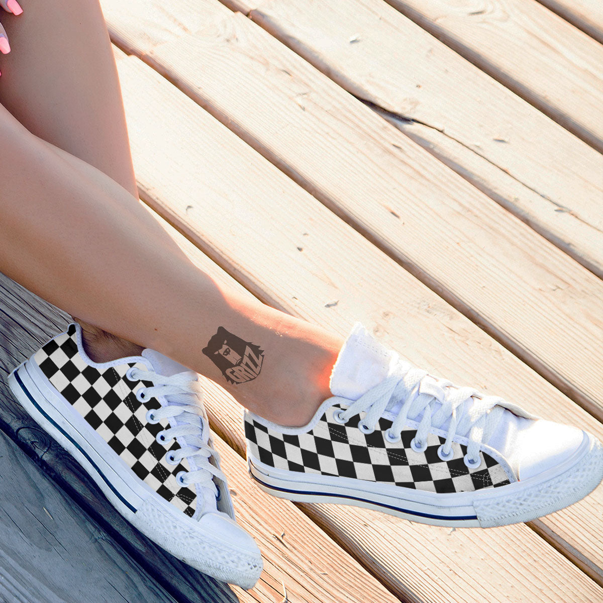 Checkered White And Black Print Pattern White Low Top Shoes-grizzshop