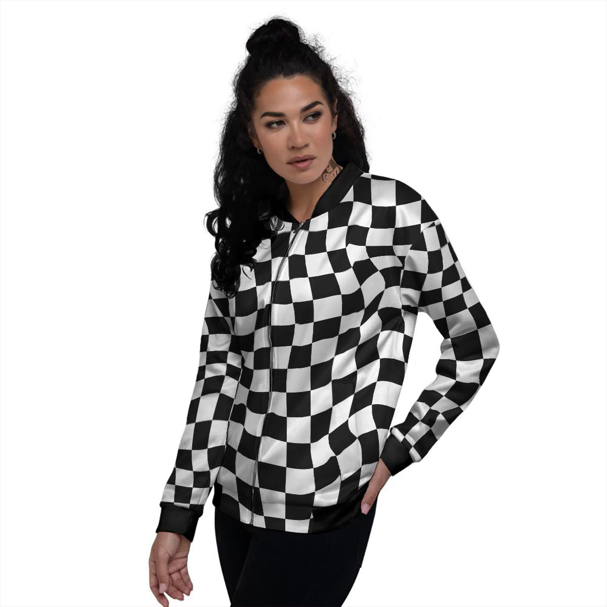 Checkered White And Black Print Pattern Women's Bomber Jacket-grizzshop