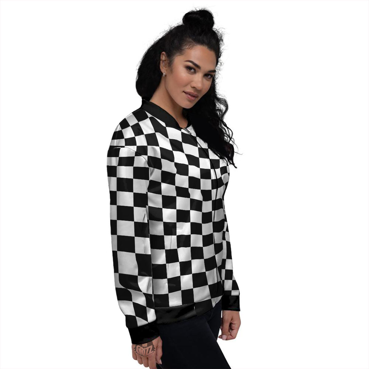 Checkered White And Black Print Pattern Women's Bomber Jacket-grizzshop