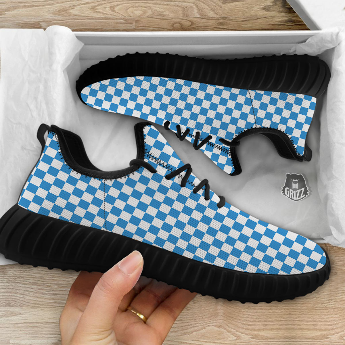 Checkered White And Blue Print Pattern Black Walking Shoes-grizzshop