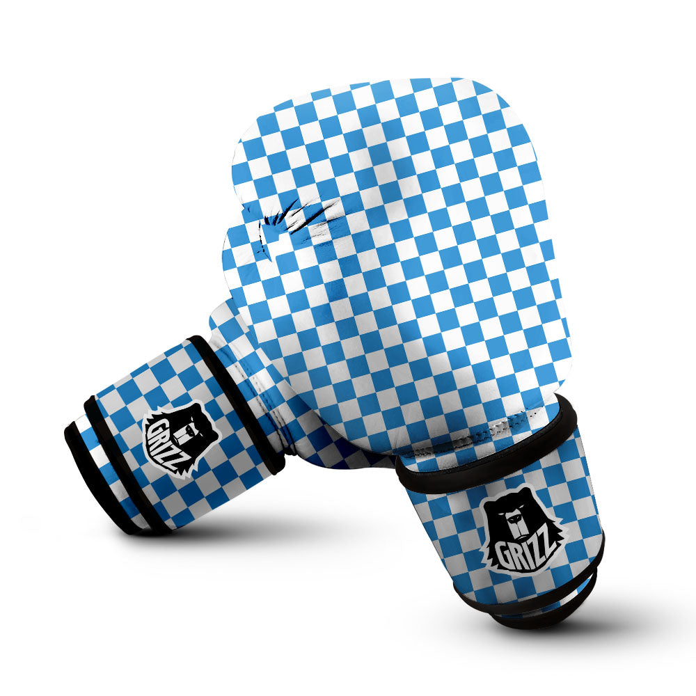 Checkered White And Blue Print Pattern Boxing Gloves-grizzshop