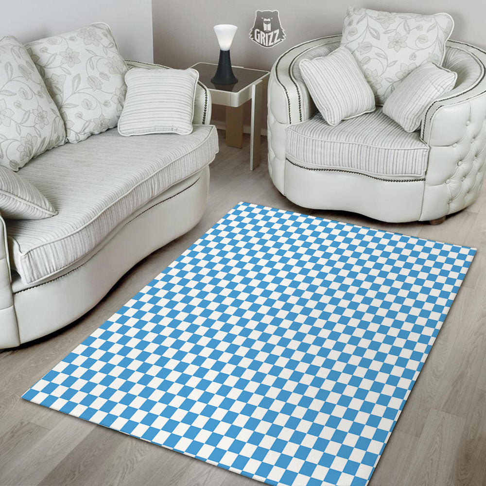 Checkered White And Blue Print Pattern Floor Mat-grizzshop
