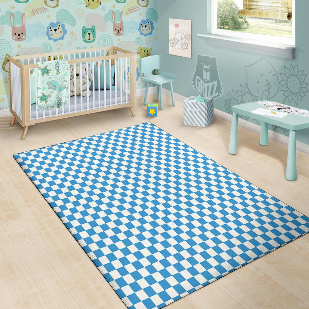 Checkered White And Blue Print Pattern Floor Mat-grizzshop