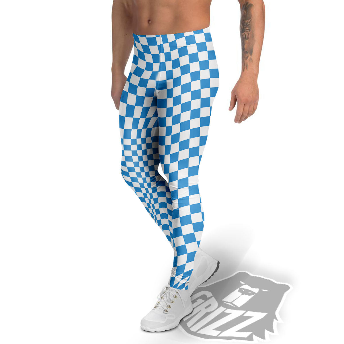 Checkered White And Blue Print Pattern Men's Leggings-grizzshop