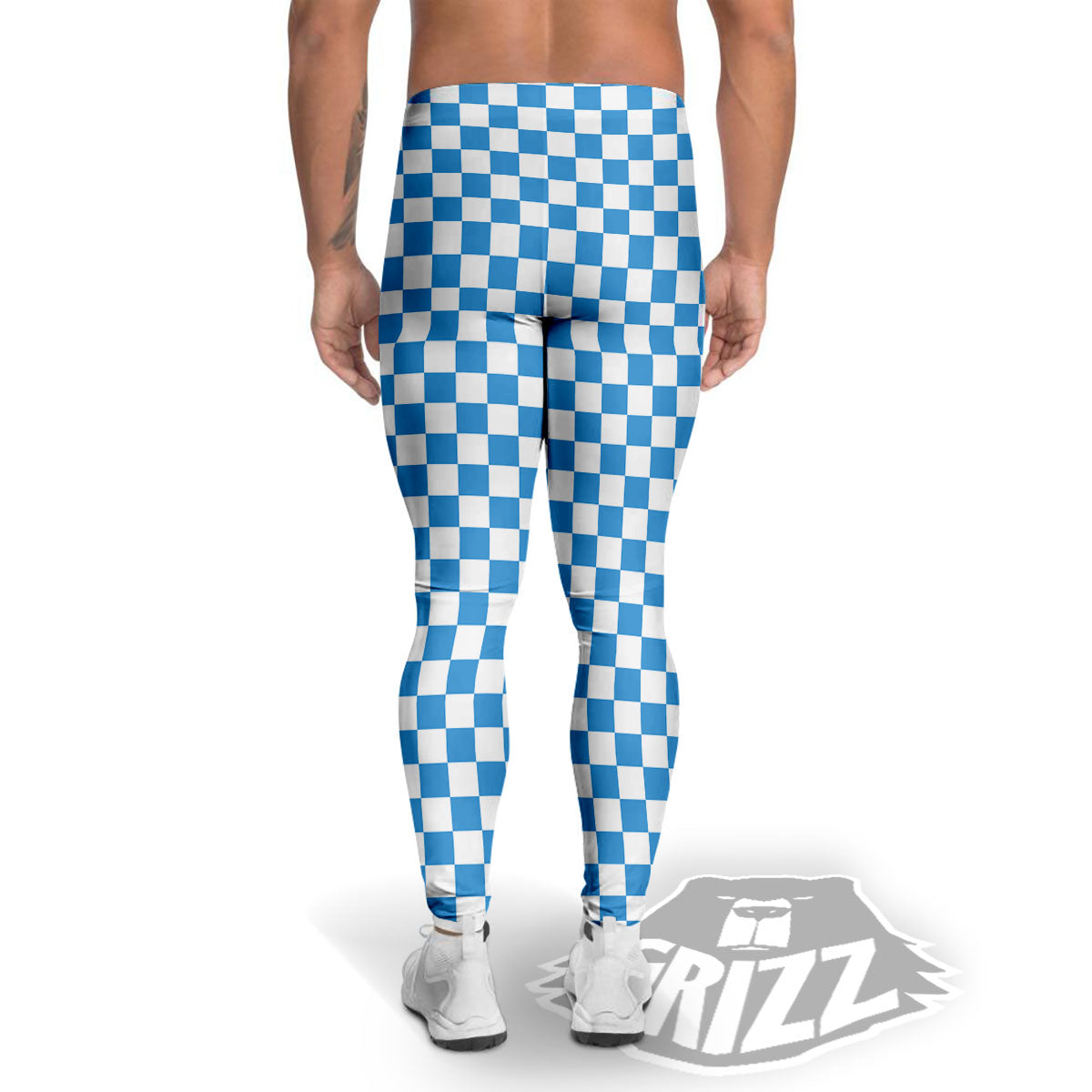 Checkered White And Blue Print Pattern Men's Leggings-grizzshop