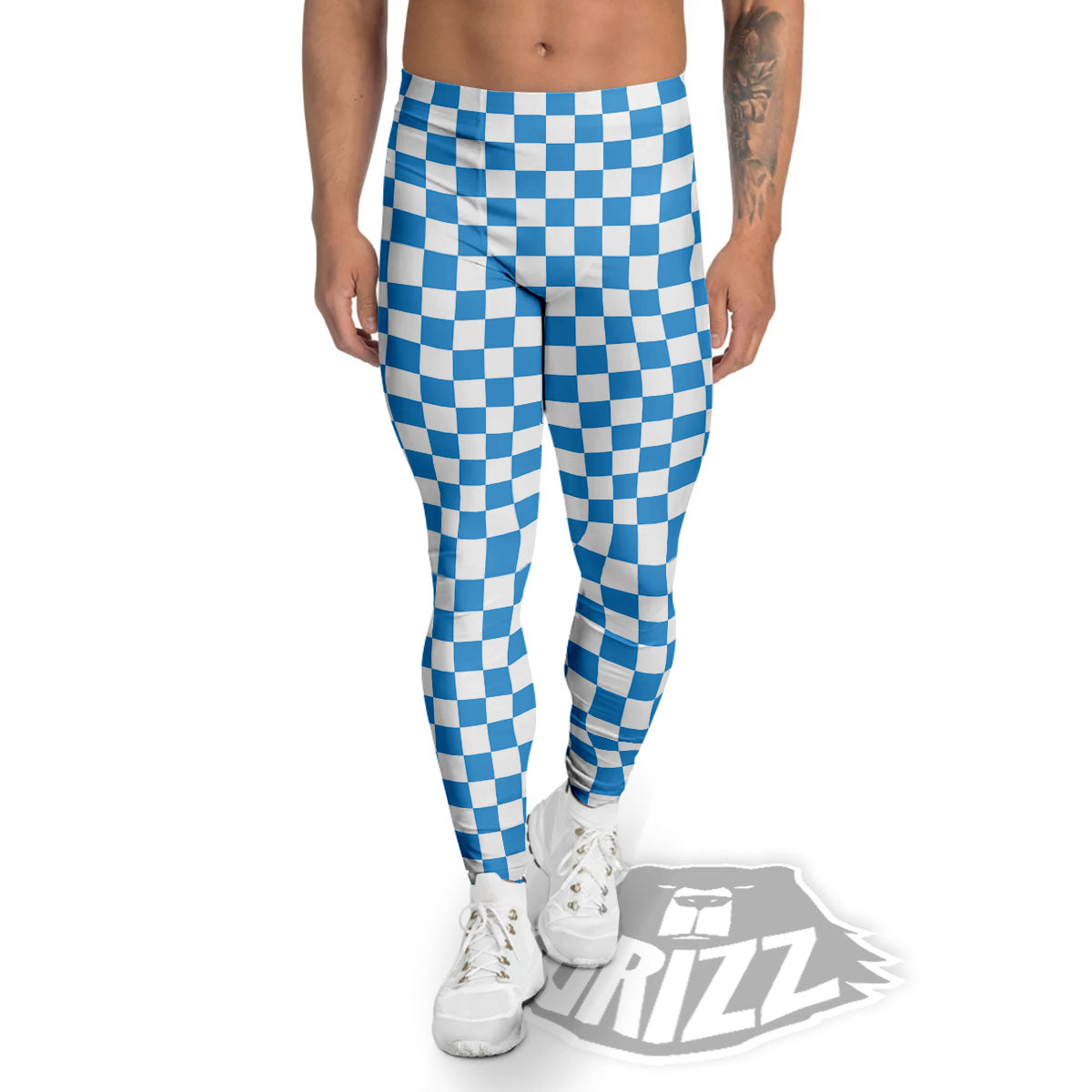 Checkered White And Blue Print Pattern Men's Leggings-grizzshop