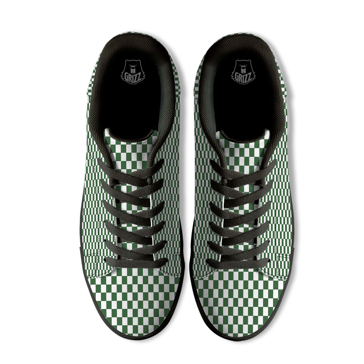 Checkered White And Green Print Pattern Black Low Top Sneakers-grizzshop