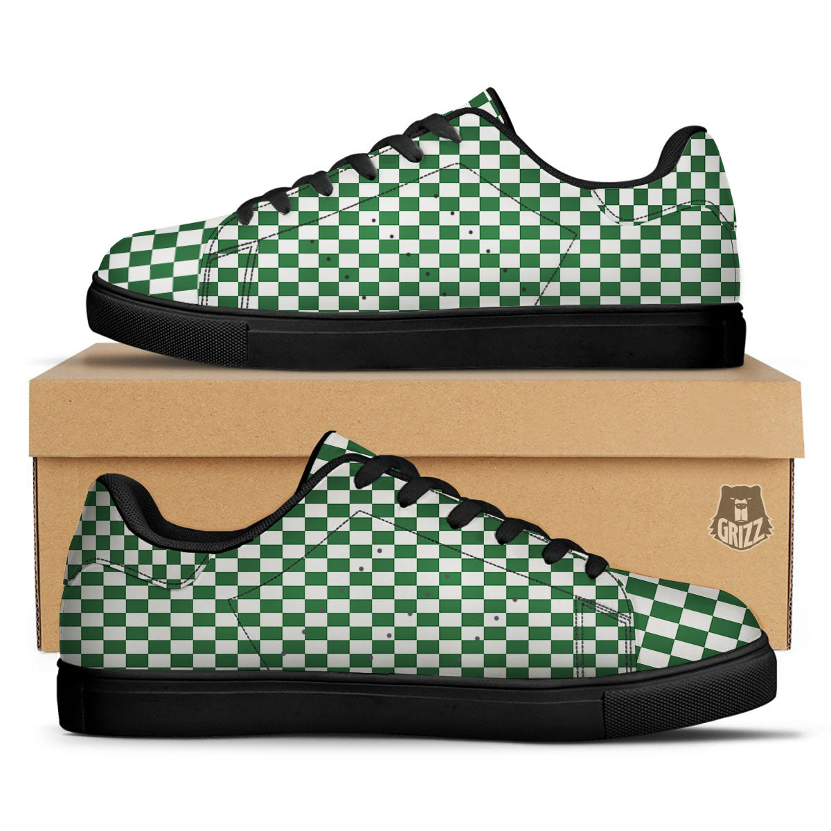 Checkered White And Green Print Pattern Black Low Top Sneakers-grizzshop