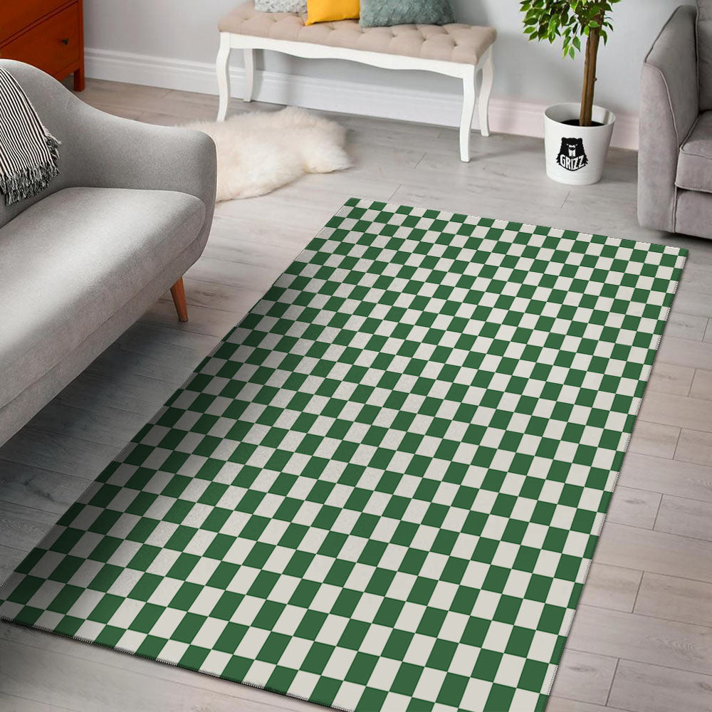 Checkered White And Green Print Pattern Floor Mat-grizzshop