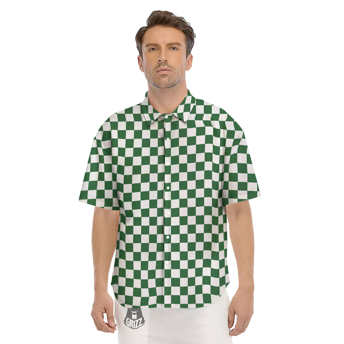 Checkered White And Green Print Pattern Men's Short Sleeve Shirts-grizzshop