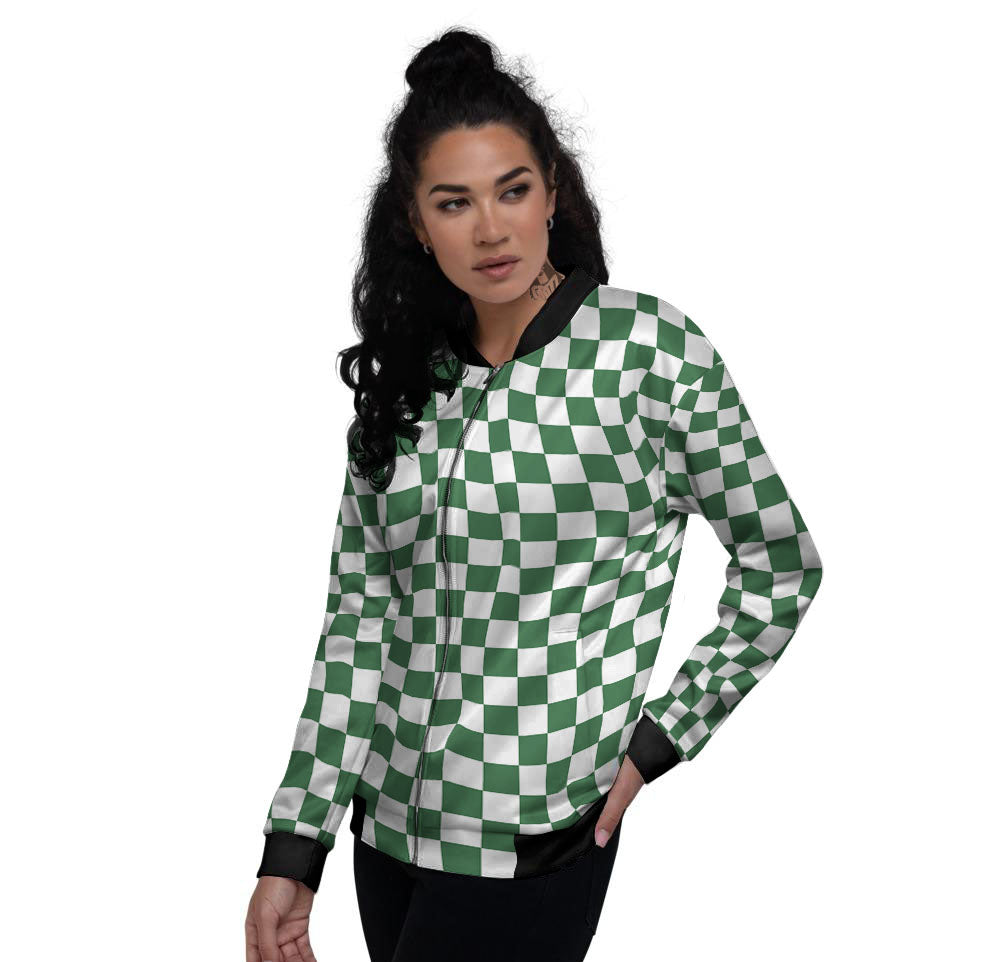 Checkered White And Green Print Pattern Women's Bomber Jacket-grizzshop