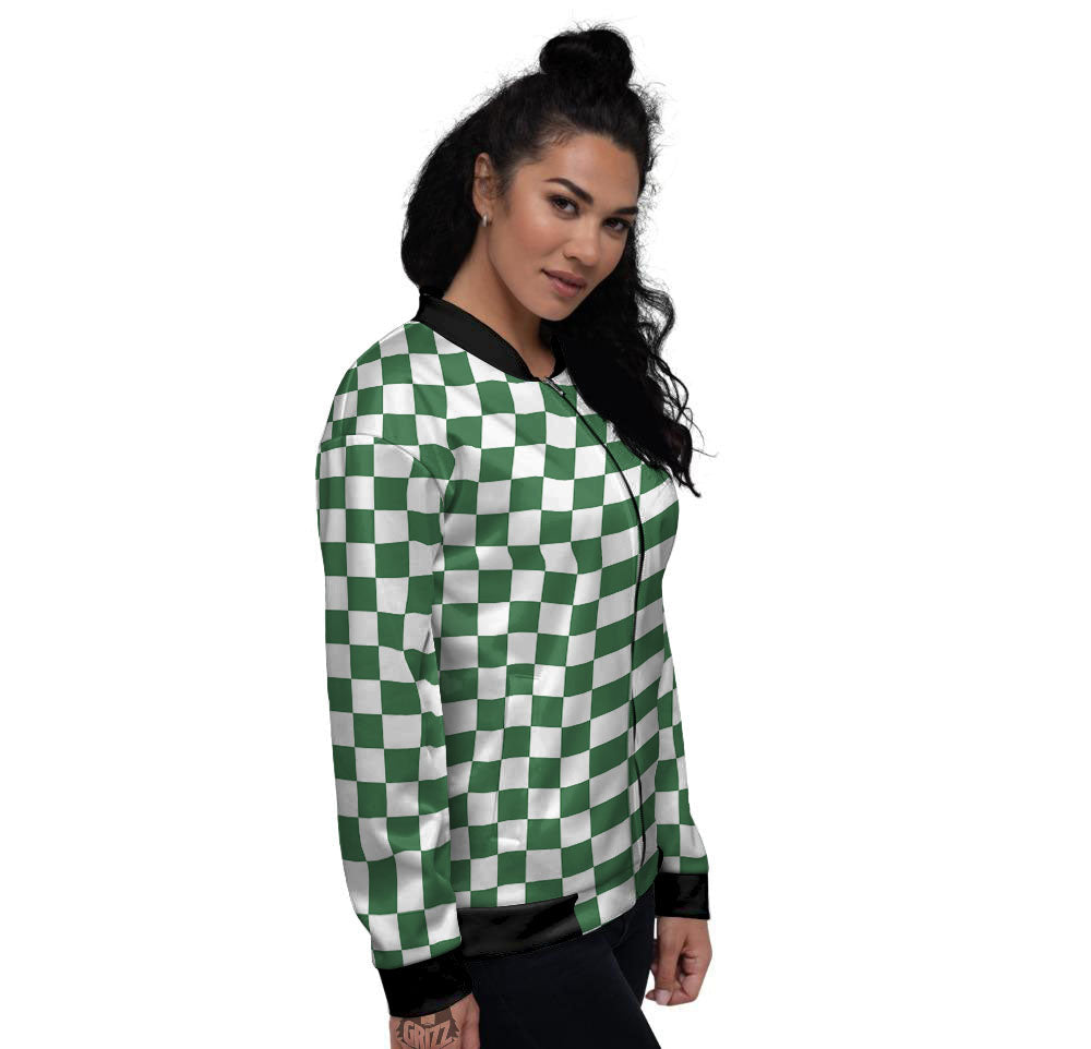 Checkered White And Green Print Pattern Women's Bomber Jacket-grizzshop