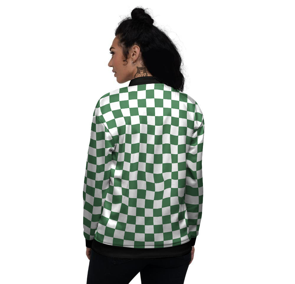 Checkered White And Green Print Pattern Women's Bomber Jacket-grizzshop