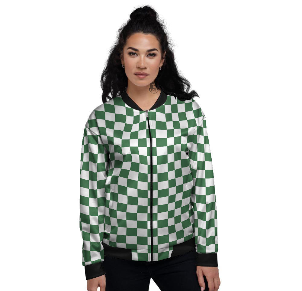 Checkered White And Green Print Pattern Women's Bomber Jacket-grizzshop