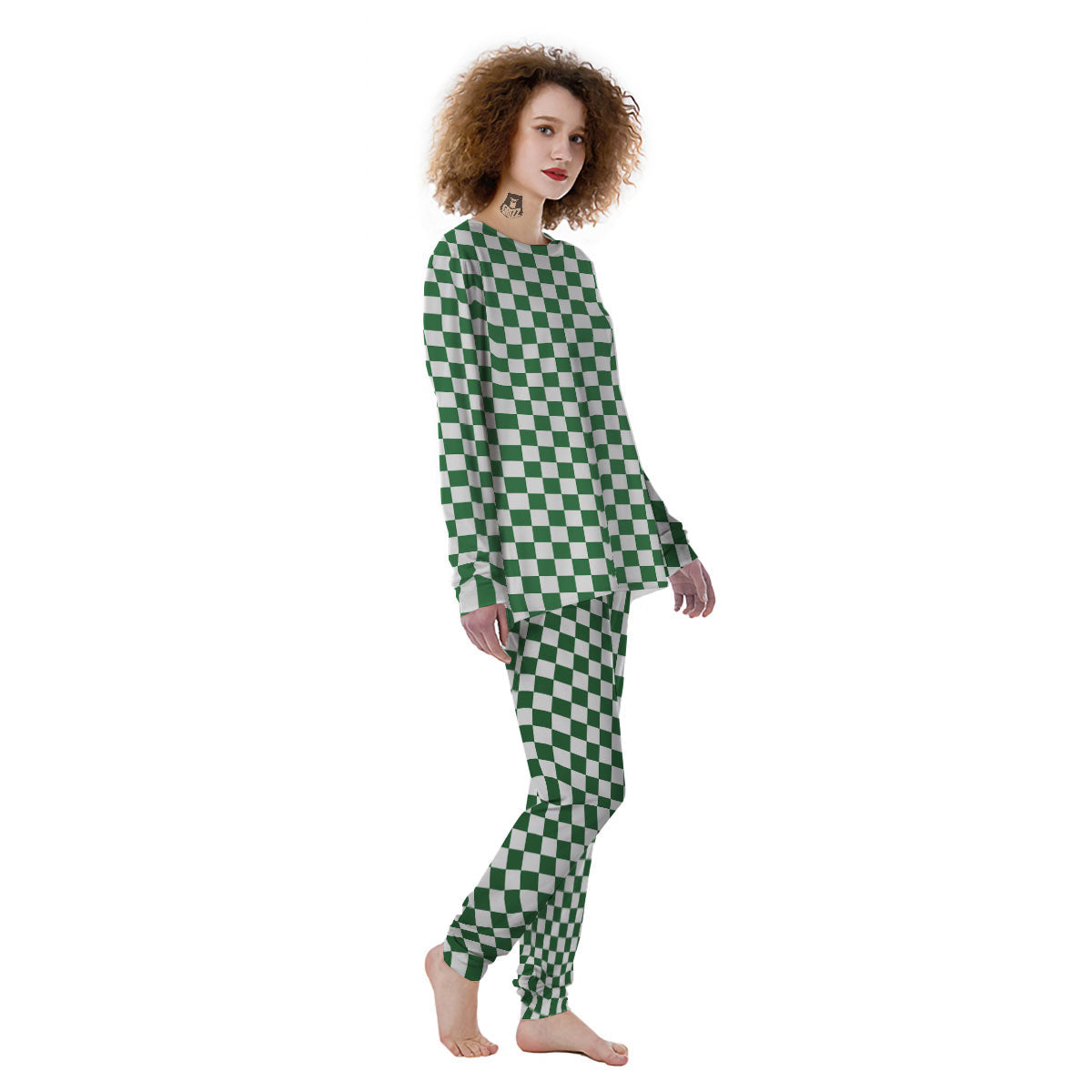 Checkered White And Green Print Pattern Women's Pajamas-grizzshop
