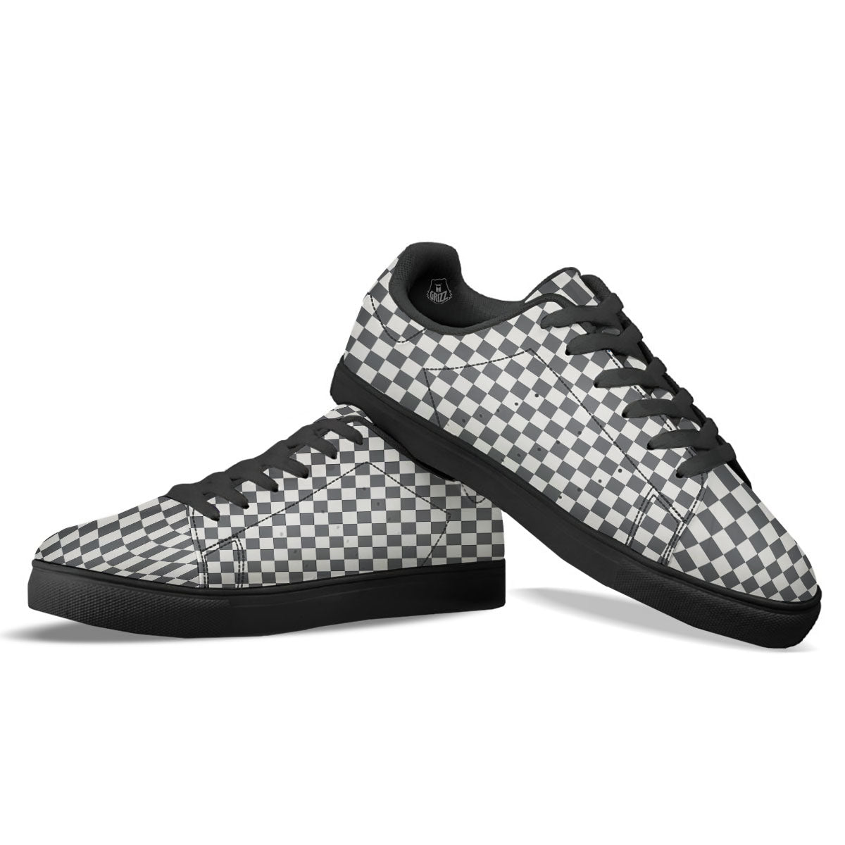 Checkered White And Grey Print Pattern Black Low Top Sneakers-grizzshop