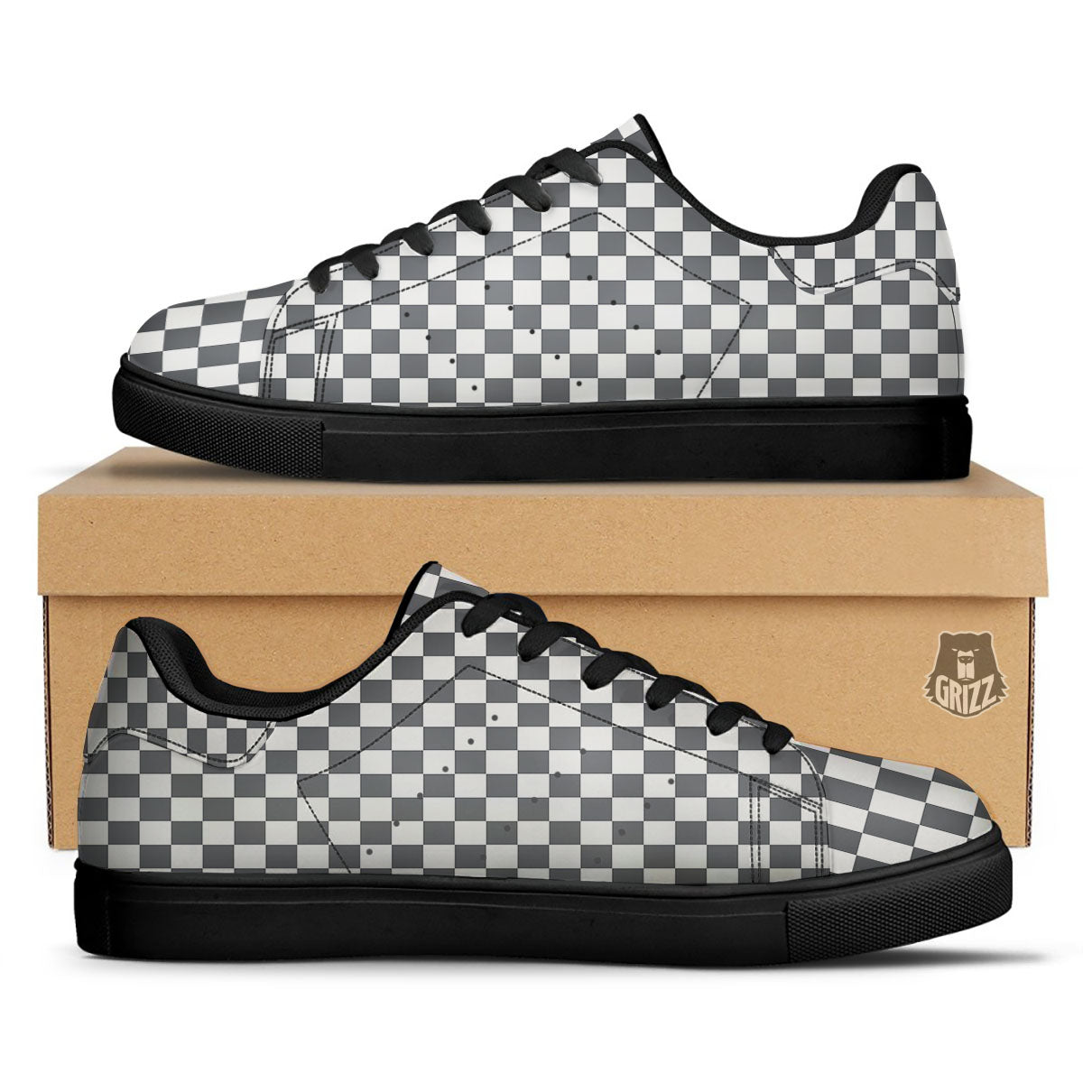 Checkered White And Grey Print Pattern Black Low Top Sneakers-grizzshop