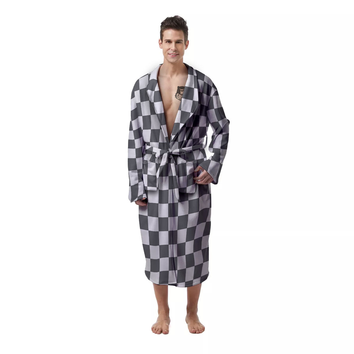 Checkered White And Grey Print Pattern Men's Robe