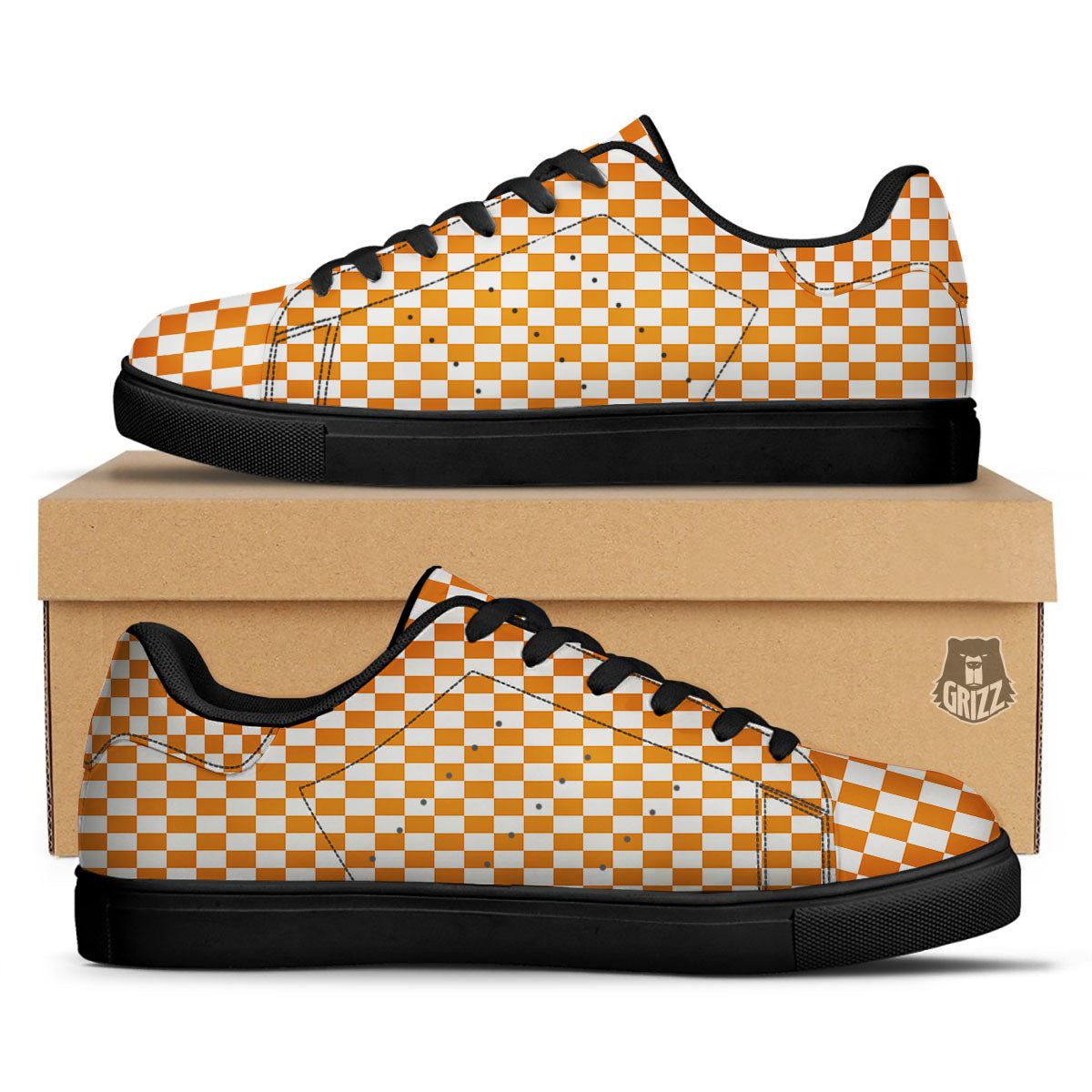 Checkered White And Orange Print Pattern Black Low Top Sneakers-grizzshop