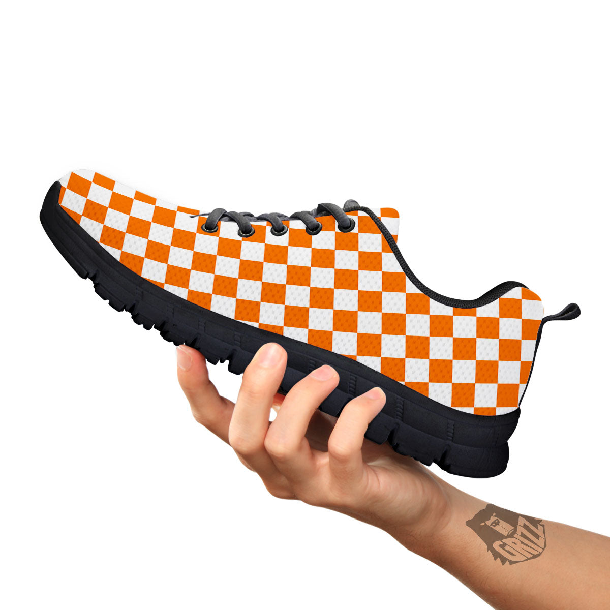 Checkered White And Orange Print Pattern Black Sneaker-grizzshop