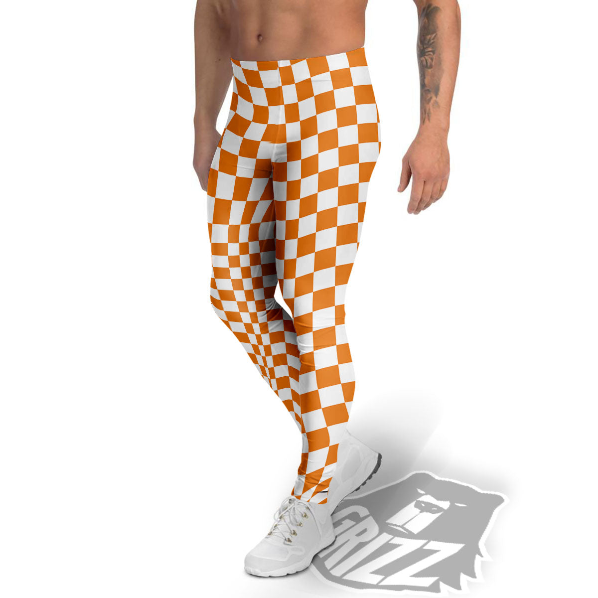 Checkered White And Orange Print Pattern Men's Leggings-grizzshop