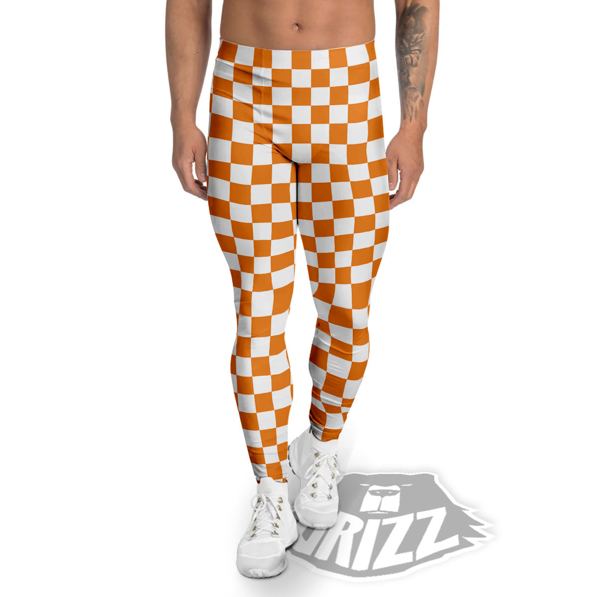 Checkered White And Orange Print Pattern Men's Leggings-grizzshop