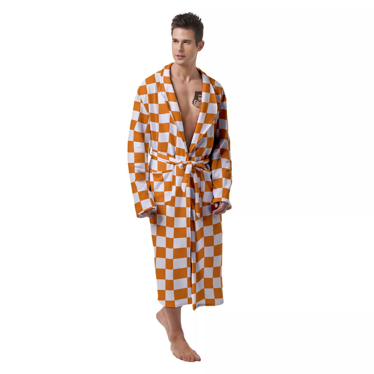 Checkered White And Orange Print Pattern Men's Robe-grizzshop