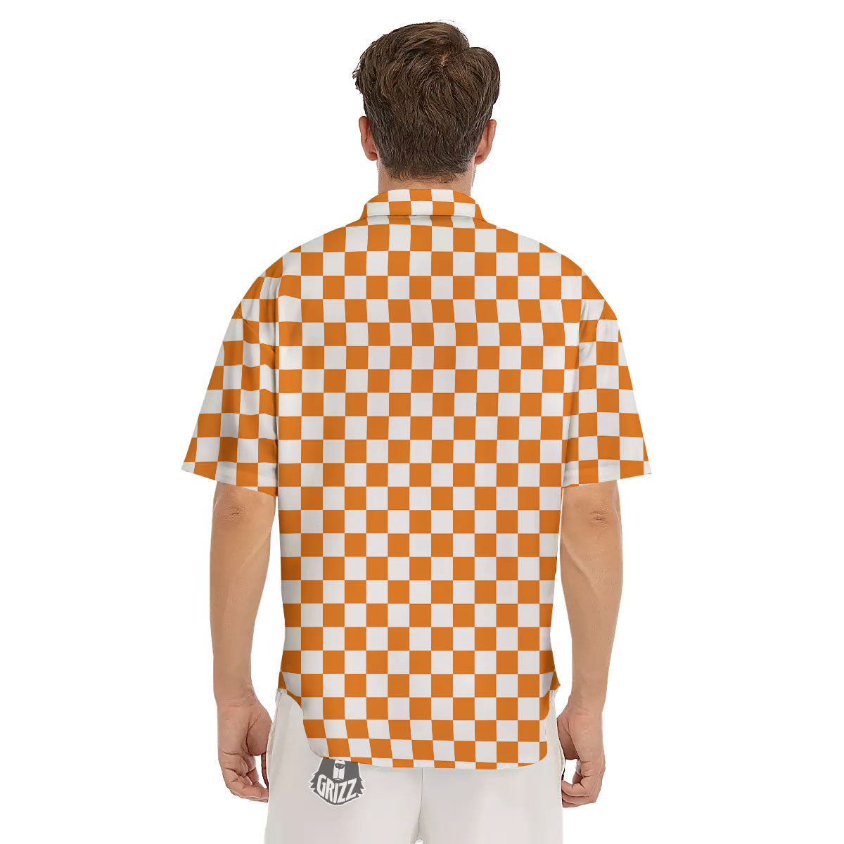 Checkered White And Orange Print Pattern Men's Short Sleeve Shirts-grizzshop