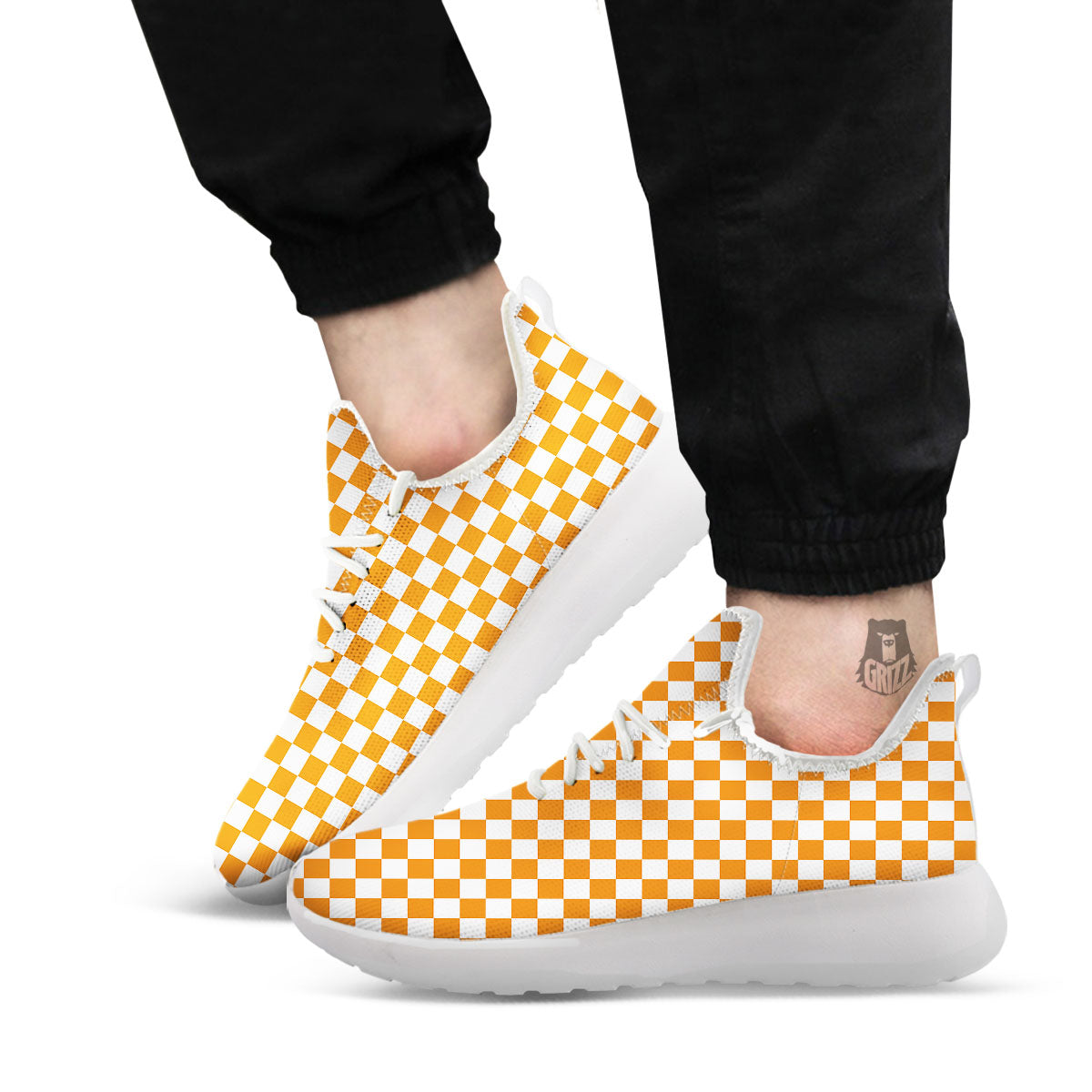 Checkered White And Orange Print Pattern White Athletic Shoes-grizzshop