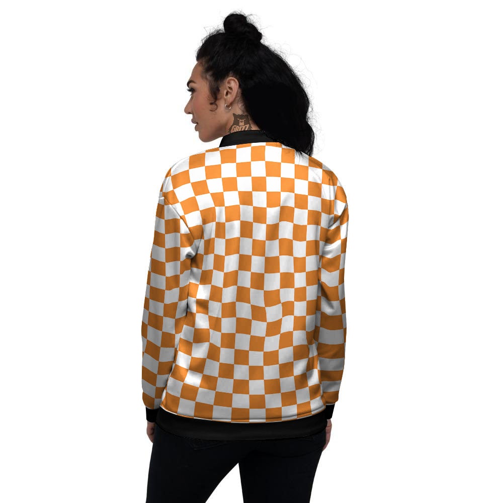 Checkered White And Orange Print Pattern Women's Bomber Jacket-grizzshop