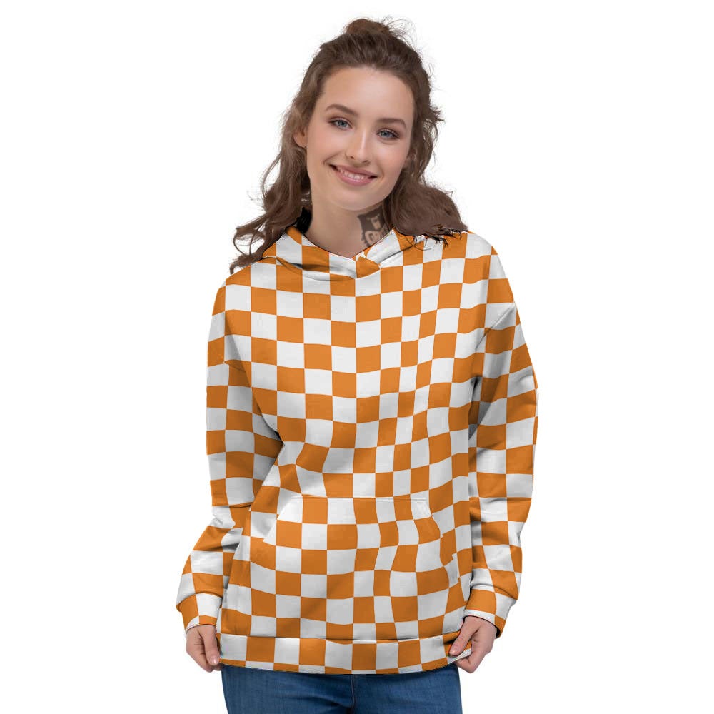 Checkered White And Orange Print Pattern Women's Hoodie-grizzshop