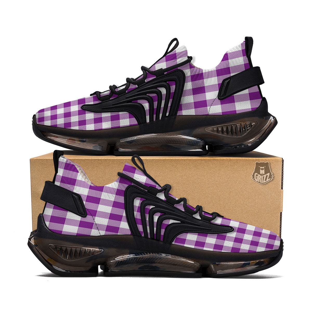 Checkered White And Purple Print Pattern Black Gym Shoes-grizzshop