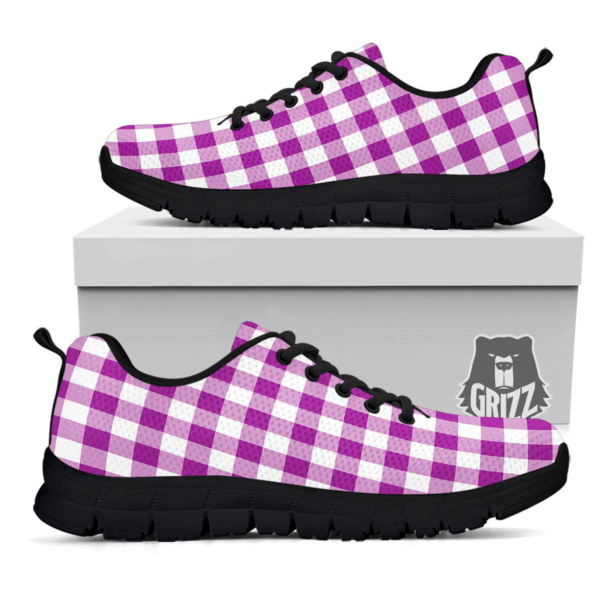 Checkered White And Purple Print Pattern Black Sneaker-grizzshop