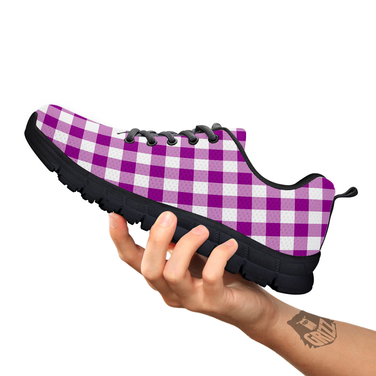 Checkered White And Purple Print Pattern Black Sneaker-grizzshop