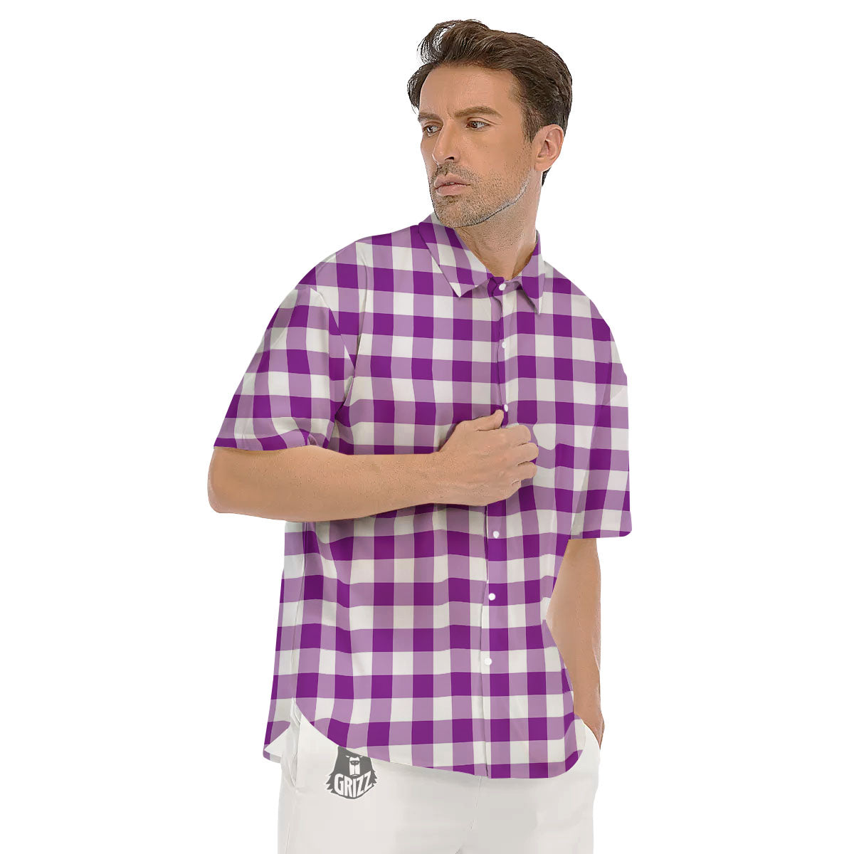 Checkered White And Purple Print Pattern Men's Short Sleeve Shirts-grizzshop