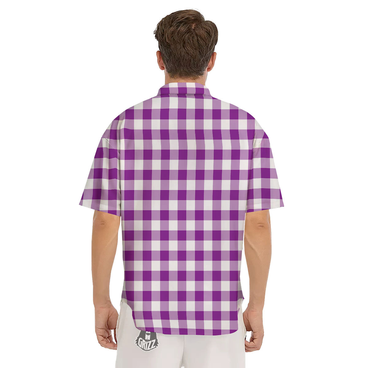 Checkered White And Purple Print Pattern Men's Short Sleeve Shirts-grizzshop