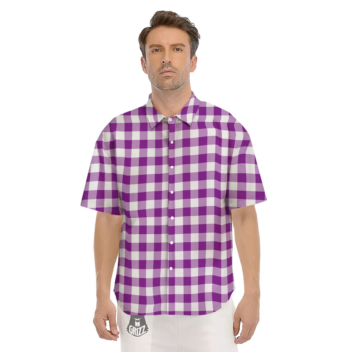 Checkered White And Purple Print Pattern Men's Short Sleeve Shirts-grizzshop