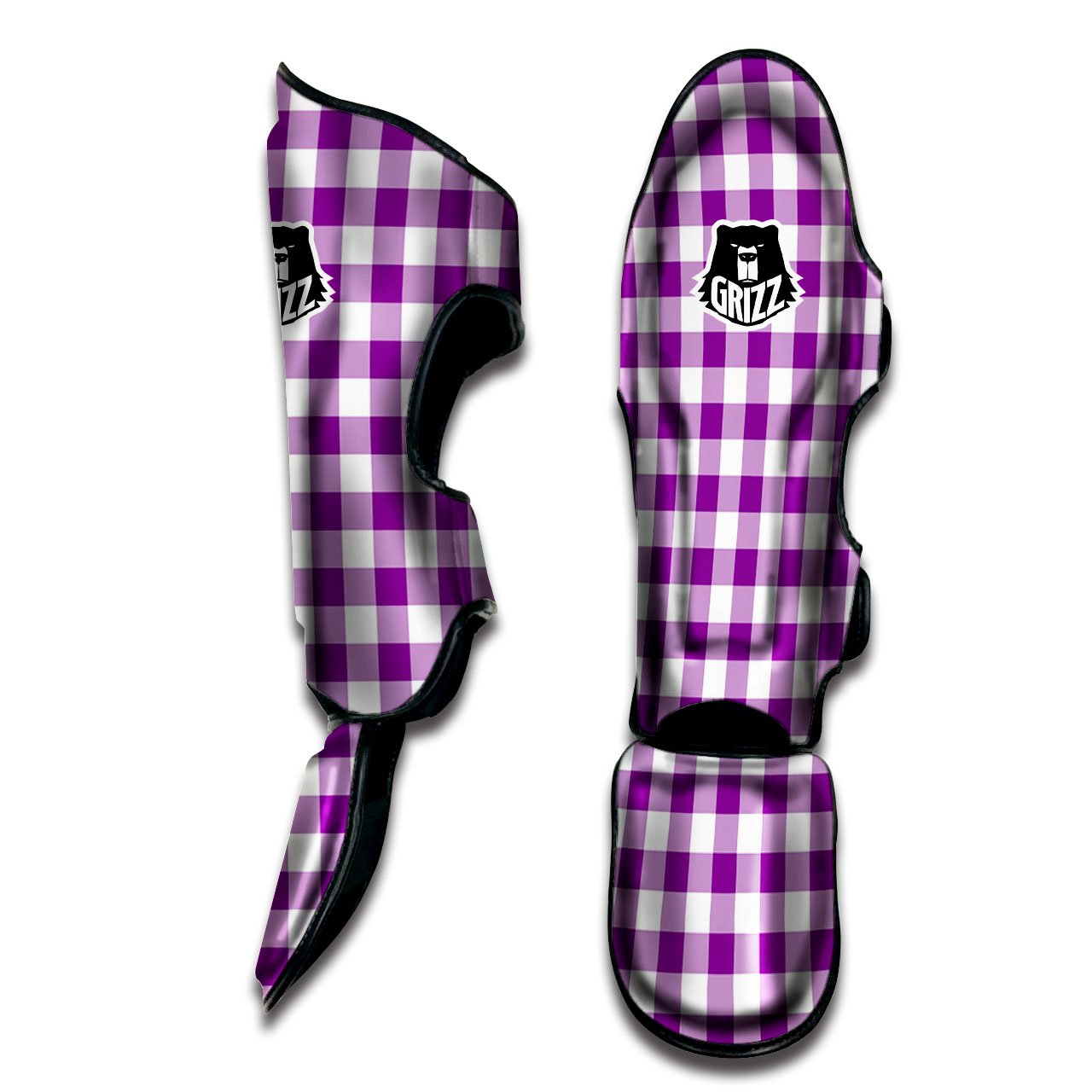 Checkered White And Purple Print Pattern Muay Thai Shin Guards-grizzshop