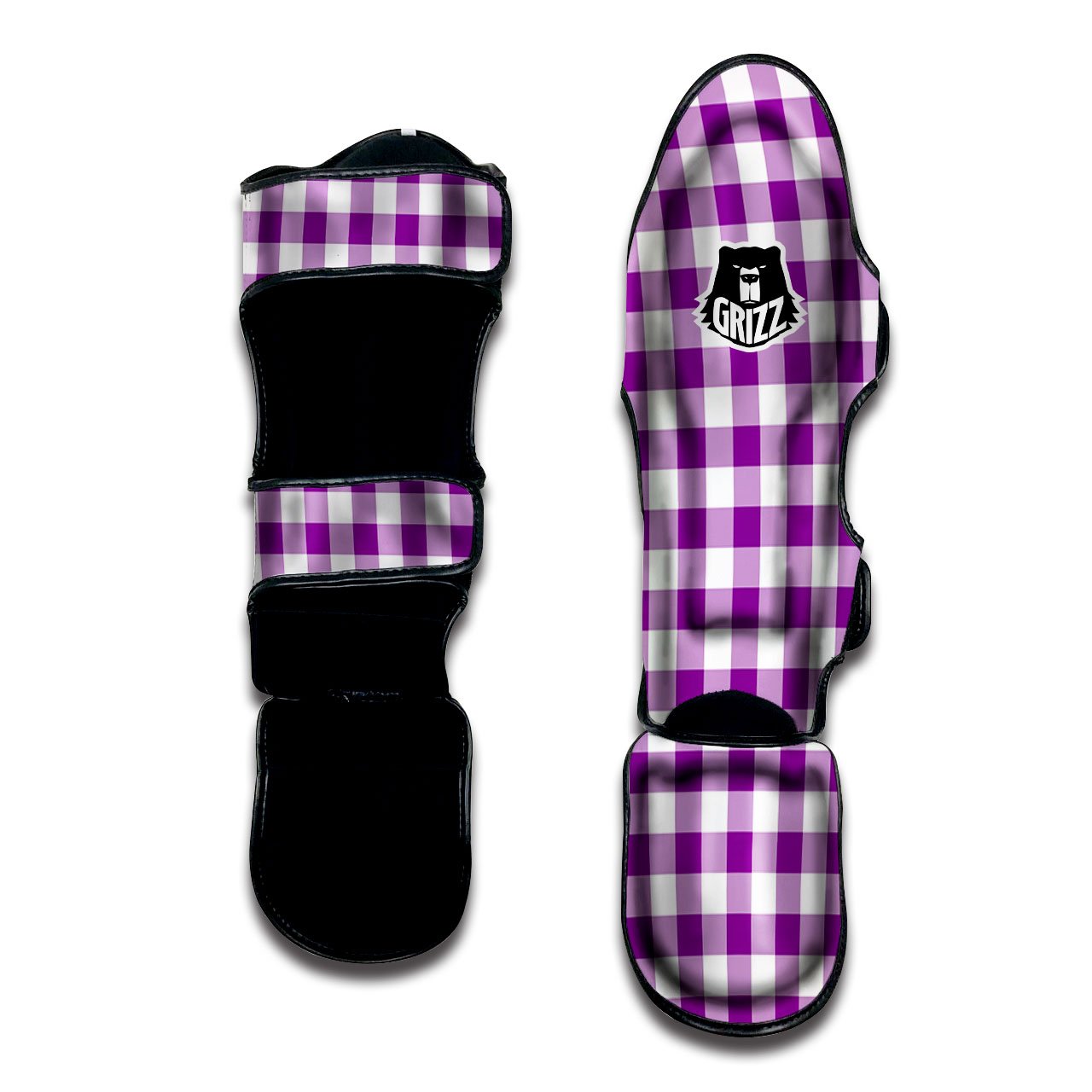 Checkered White And Purple Print Pattern Muay Thai Shin Guards-grizzshop