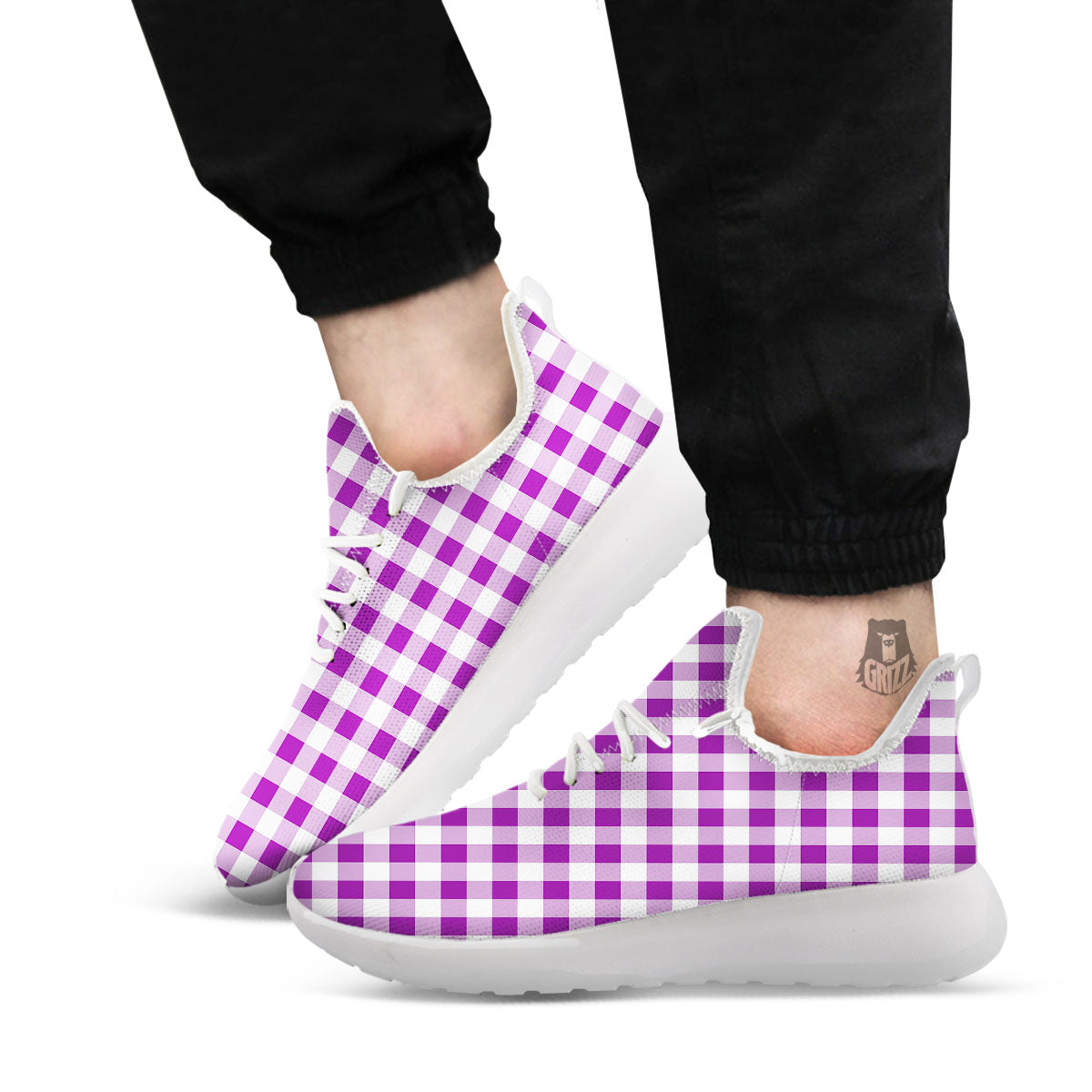 Checkered White And Purple Print Pattern White Athletic Shoes-grizzshop