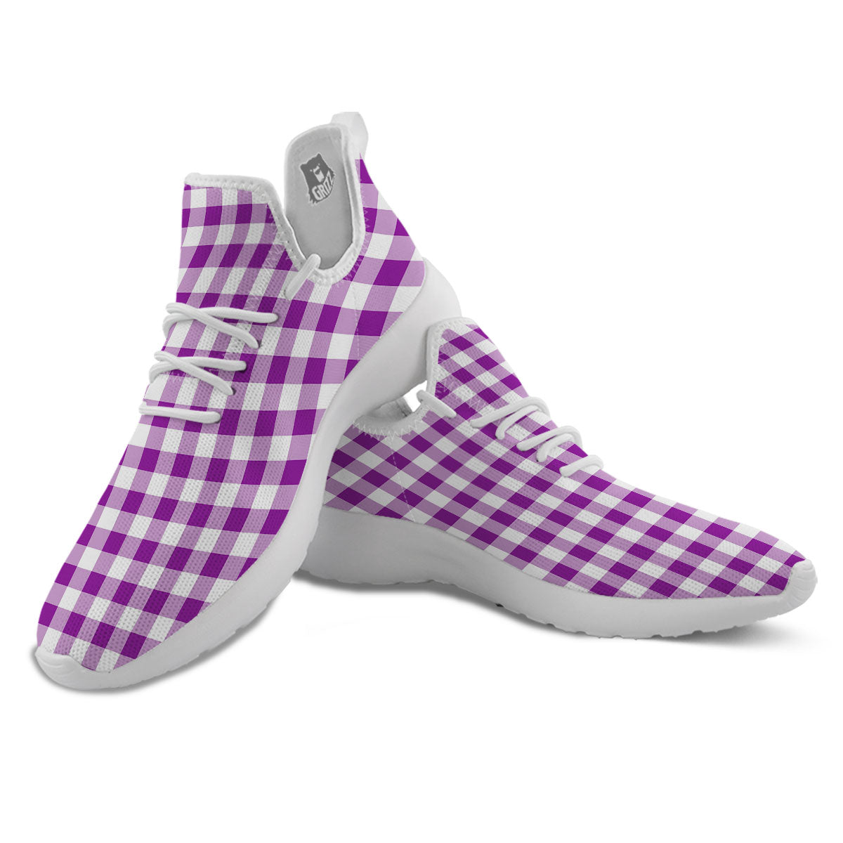 Checkered White And Purple Print Pattern White Athletic Shoes-grizzshop