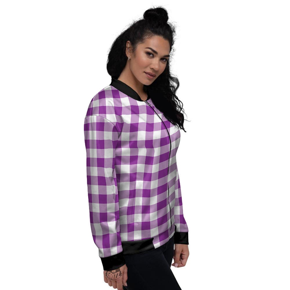 Checkered White And Purple Print Pattern Women's Bomber Jacket-grizzshop